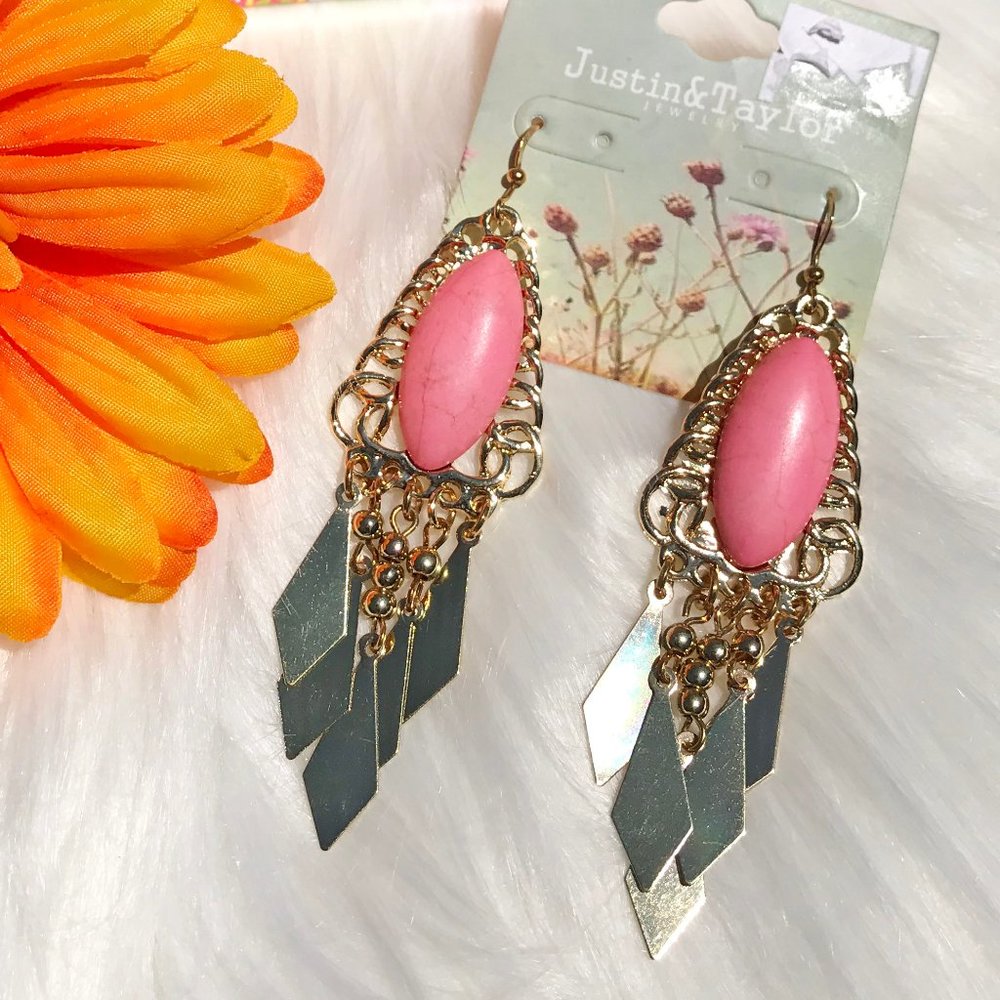 Boho Earrings Tassel Bead Dangles Pink Turquoise